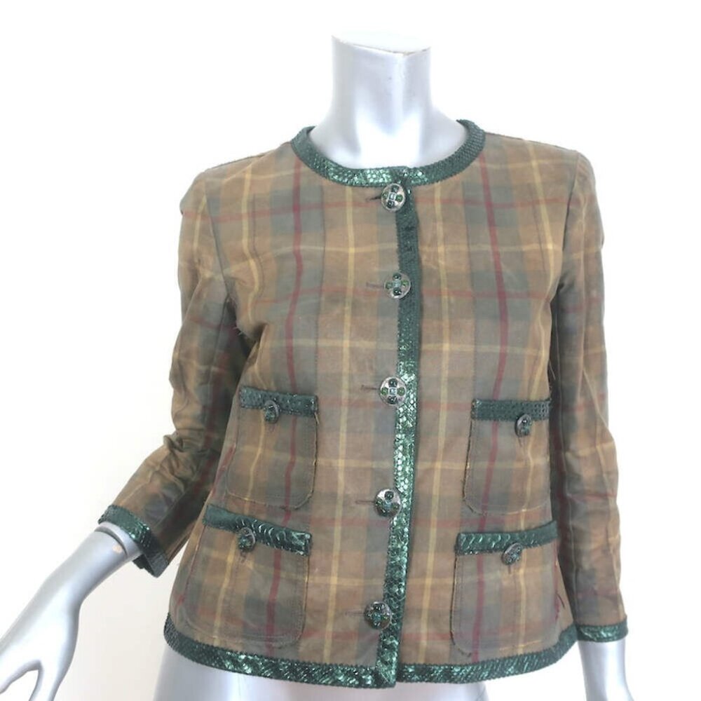 Chanel 2013 Paris-Edinburgh Snakeskin-Trimmed Plaid Jacket Brown Size 40 - Picture 1 of 10